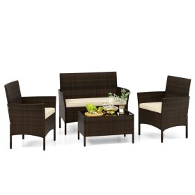 4 Piece Patio Rattan Conversation Set with Cozy Seat Cushions