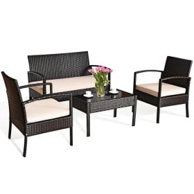 4 Pieces Patio Rattan Conversation Set with Loveseat Sofas and Coffee Table