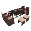 (Limited time purchase) Outdoor 9 Pcs Wood Grain PE Wicker Rattan Dining Ottoman with Tempered Glass Table Patio Furniture Set XH