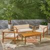 Outdoor 4-Seater Acacia Wood Chat Set with Coffee Table with Cushions, Teak and Beige