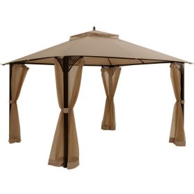 12 x 10 Feet Outdoor Double Top Patio Gazebo with Netting (Color: Brown)